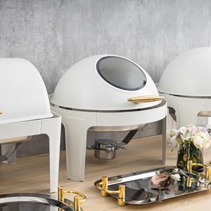 Juego de plato de frotamiento con tapa de vidrio blanco, calentador de alimentos eléctrico de lujo decorativo dorado redondo para fiesta de catering de boda única - Product Image 6