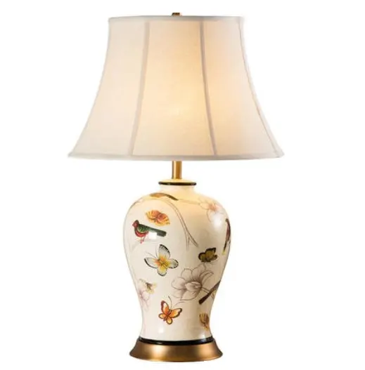 Lámpara decorativa de cerámica con forma de animal para hotel, lámpara de mesita de noche de estilo europeo, blanco, pájaros y flores, para dormitorio