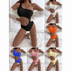 Factory price Solid Color One Shoulder One Piece Swimsuit Sexy Women Bikini swimwear
