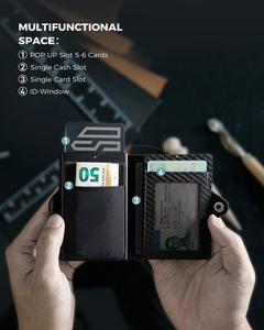 Thumbs-up tối giản tùy chỉnh chính hãng Da sợi carbon RFID khối thẻ tín dụng dây kéo đồng xu túi không khí tag Bifold Ví - Product Image 5