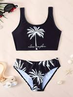 Nouvel ensemble de maillot de bain deux pièces réversible à séchage rapide et écologique pour filles et enfants 2026, avec haut de bikini dos nu et débardeur superposé à volants motif palmier