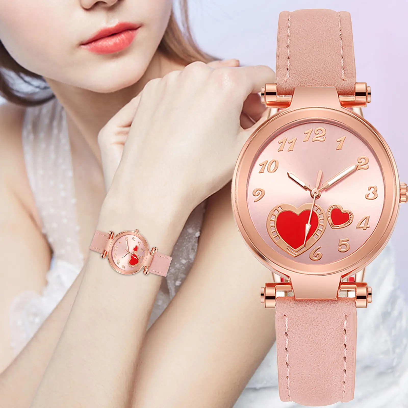 Nouvelle montre d'amour pour femmes de qualité supérieure Peach Heart Montre à bracelet en cuir givré pour femmes Usine en stock Vente en gros