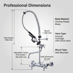 Commercial Kitchen Prep Dishwasher Faucet 2 Handle Wall <b>Mounted</b> Prerinse <b>Spray</b> Tap Chrome Sink Mixer - Product Image 4