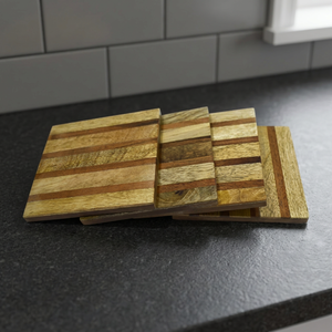 Striped Wooden <b>Coasters</b> <b>Set</b> Of 4 Multi Tone Mango Sheesham Wood Drink Mats Eco Friendly Table Decor Cup <b>Placemat</b> Tabletop Units - Product Image 1