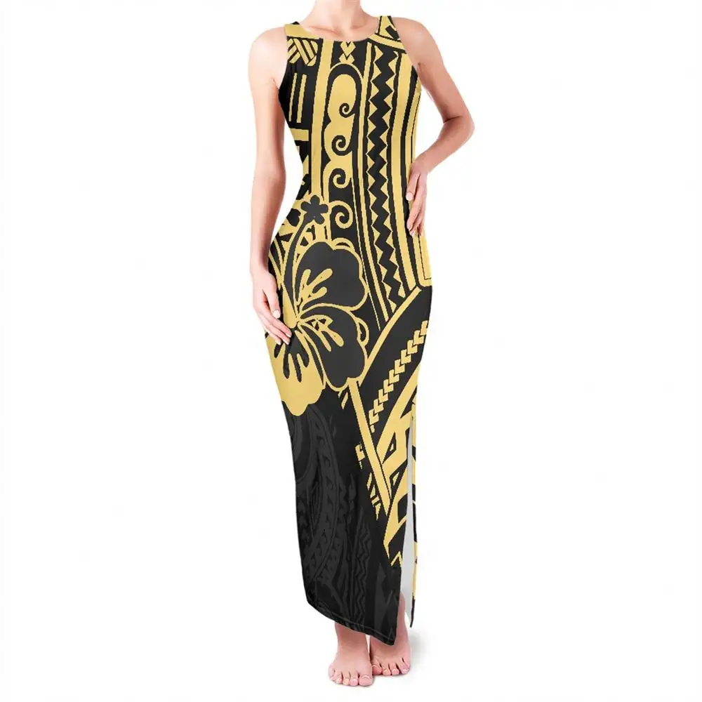 Elegant Lady Clothing Plus Size Bodycon Sleeveless Dress Polynesian Tribal Yellow Hibiscus Custom Side High Slit Maxi Dress