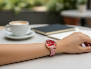 Orologio da donna alla moda con quadrante rosso, cinturino in pelle rosa, cassa placcata oro, resistente all'acqua, design rotondo - Product Image 2