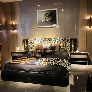 Italian Embroidered Tiger Double Wooden Bed Latest Modern Luxury Bedroom Set Furniture Big Headboard King Size Upholstered Bed