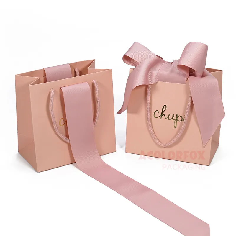 Luxury Jewelry Shopping Paper Bag Custom Print Logo Gold Foiled Mini Cute Pink Paper Gift Bags With Handles Ribbon Closure