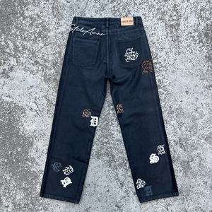 Jeans en denim ciré pour homme de haute qualité, logo personnalisé, style Y2K, taille plus, patchwork de fourrure, ample, droit, jambe large, noir - Product Image 2