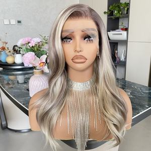 Peluca sintética sin pegamento con encaje frontal, rubia y castaña, de longitud media, lista para usar, con ondas sueltas y línea de cabello natural para mujeres blancas - Product Image 2