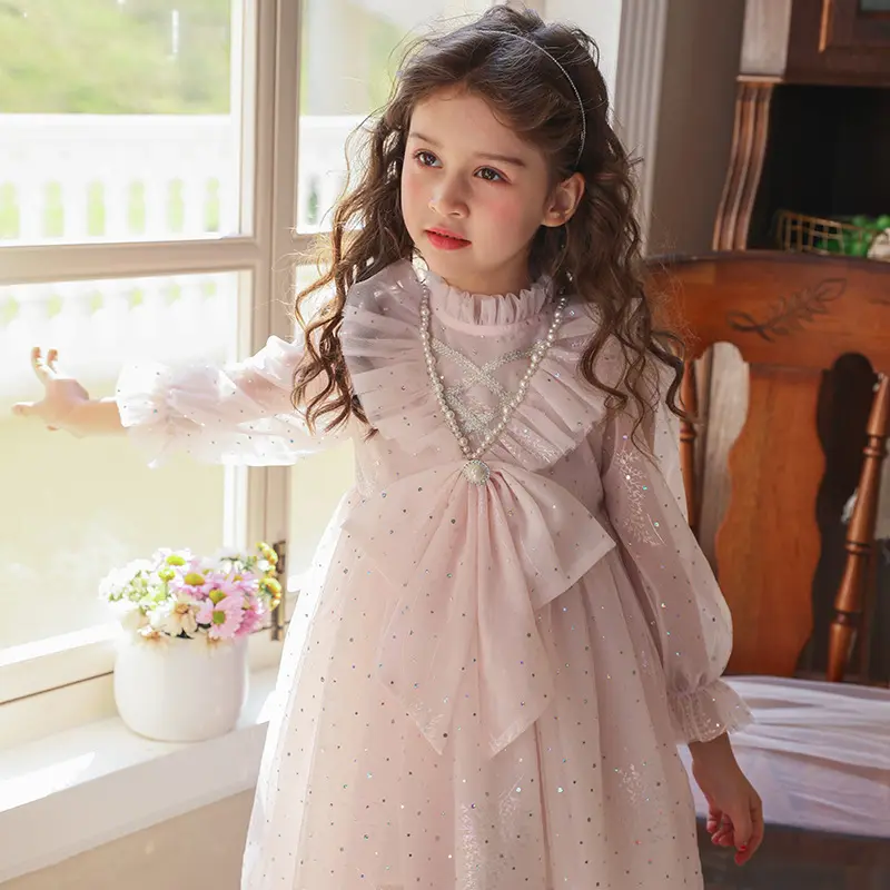 Pakaian Anak-anak Musim Semi Gaun Tulle Bayi Perempuan Grosir Gaun Renda Rok Bayi Merah Muda Busur Pesta Putri Mewah Princess
