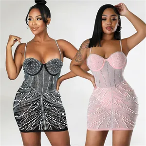 S-XXL 2023 New Women's Clothing Solid Color Sexy Tight Mesh Hot Diamond Nightclub Strap Dress