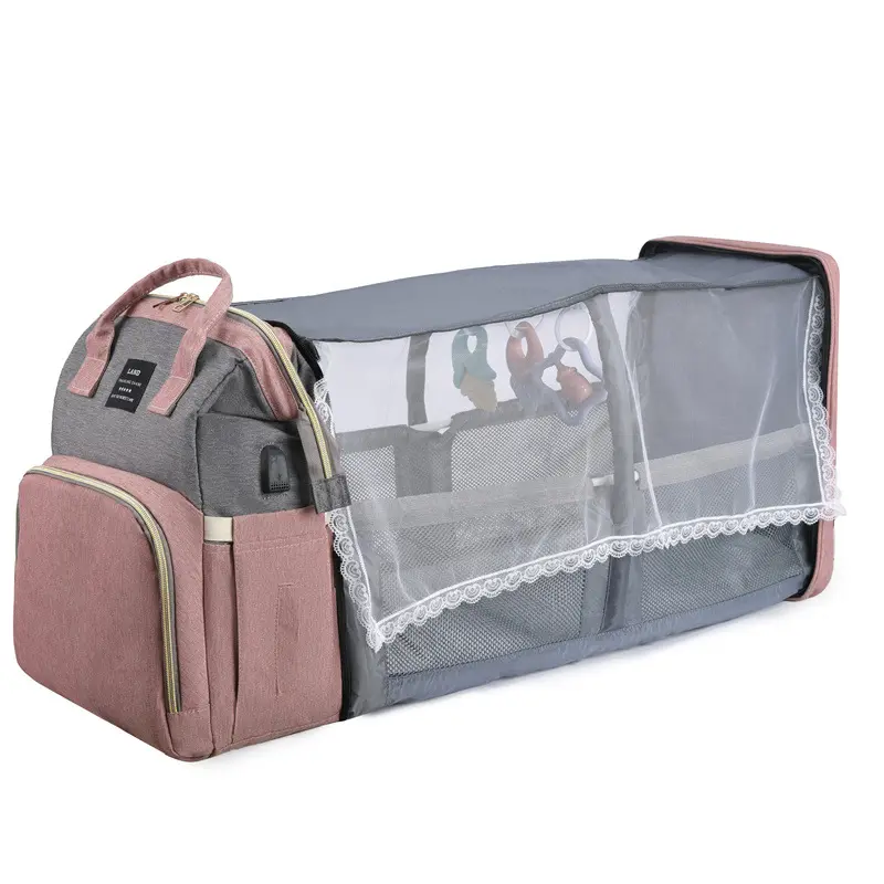 New multifunctional portable folding crib baby diaper bags mu expandable baby bed solid polyester backpack diaper bag