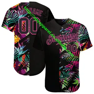 定制黑色黑粉色3D图案设计热带棕榈叶正品棒球衫