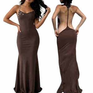 Vestido Largo Elegante para Mujer con Cuello Halter y Espalda Descubierta, Ajustado, Sexy, para Fiesta o Noche, con Detalle de Botones, Estilo Bodycon - Product Image 1