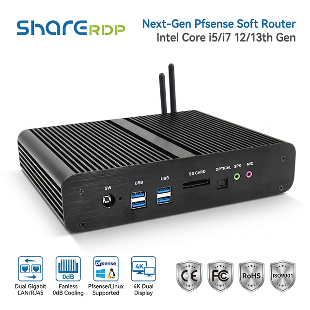 Sharerdp Custom Intel Core I3 I5 I7 12th 13th Gen Fanless Aluminum Alloy Case Dual LAN Dual 2COM RS232 Industrial PC