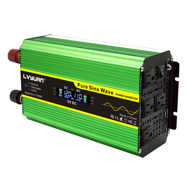 LVYUAN Pure Sine Wave Inverter 1600 Watts 12V to 110V 220V DC to AC LCD Display Inverter with Remote Controller,