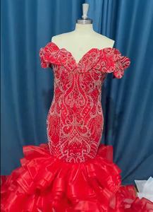Robe de <span class=keywords><strong>mariée</strong></span> sirène africaine rouge perlée 2026, <span class=keywords><strong>grande</strong></span> <span class=keywords><strong>taille</strong></span>, épaules dénudées, avec traîne à volants superposés, pour soirée et cérémonie - Product Image 2