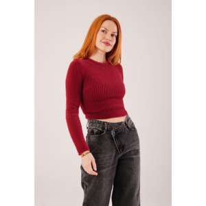 เสื้อสเวตเตอร์คอกลมแขนยาวสำหรับผู้หญิงสีเบอร์กันดี ผ้าถักแบบลำลอง ป้องกันการเกิดขุย - Product Image 6