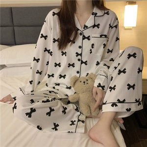 أطقم بيجامات نسائية محبوكة ومخصصة بطبعة زهور وخصر مطاطي لجميع الفصول - للصيف والشتاء والخريف والربيع - Product Image 4