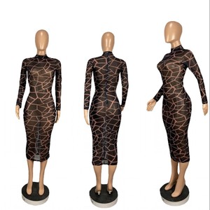 Abiti Aderenti Midi da Festa con Stampa Nera, Maniche Lunghe, Slim Fit, Trasparenti in Rete, Eleganti per Club Notturni, Sexy C13964 - Product Image 6