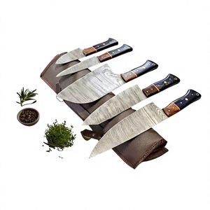 Ensemble de 5 couteaux de chef en acier Damas avec étui en cuir, couteaux de cuisine forgés au Japon, manche en bois - Product Image 4