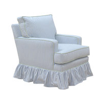 Fauteuil d'appoint pivotant de style rétro français, bleu et blanc rayé, avec garniture à franges, pour salon ou chambre à coucher