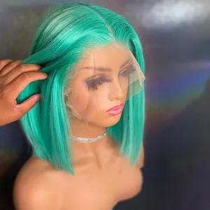 Mint Green Summer Short Bob Wig Colorful Transparent 13x4 Lace Frontal Wig Brazilian Remy Human Hair wig for Women