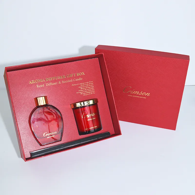 NEWIND Set hadiah lilin wangi Diffuser Reed mewah stik serat Label pribadi pernikahan seri merah tua