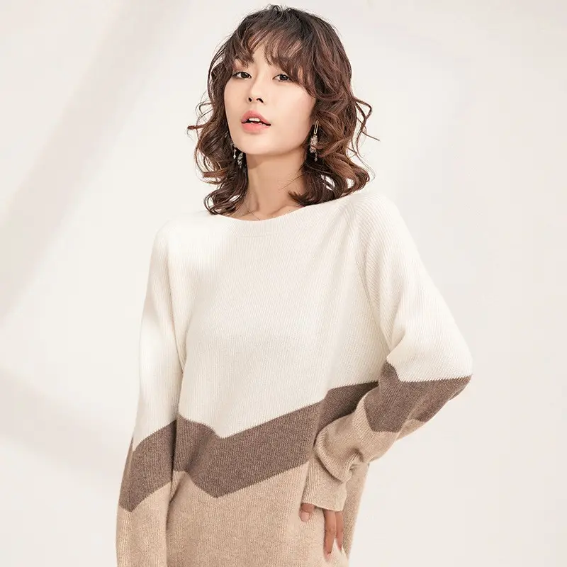 Customized High Quality Winter New Round Neck Color Block Knitted Cashmere Sweater