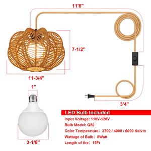 TSINYE Lampes suspendues Rotin Pendentif Lumière Plug In Cordon Pendentif Luminaire Plug In Wall Outlet Pendentif Éclairage - Product Image 4