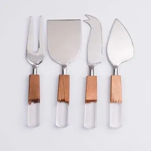 Ensemble de couteaux à fromage de table en acier inoxydable avec manche en bois et acrylique, parfait pour un service élégant et une spatule à beurre - Product Image 1