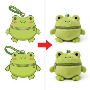 Porte-monnaie rond personnalisé en peluche grenouille, avec fermeture éclair frontale horizontale, cordon de suspension rayé, motif joue de fard à joues, petit sac de rangement amphibien pour clés - Product Image 1