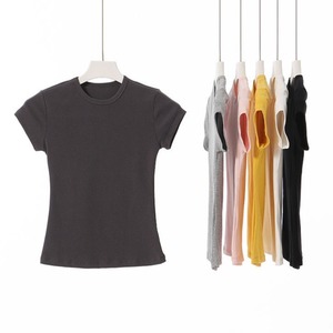 T-shirt estive da donna in cotone a maniche corte, girocollo, tinta unita, <span class=keywords><strong>aderenti</strong></span> - Product Image 5
