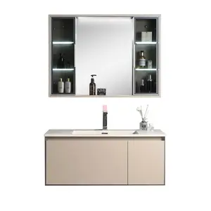 Ogrand mobile da bagno moderno in legno massello galleggiante grigio marmorizzato a parete per Hotel