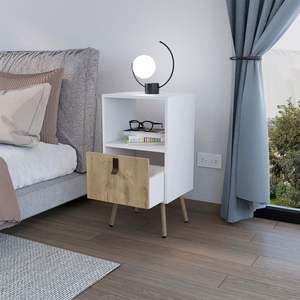 Maggness Bedroom DB Nightstand White/Macadamia Solid Wood <b>Bedside</b> <b>Cabinet</b> for Home Furniture <b>Wooden</b> Panel Style - Product Image 5
