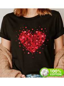T-Shirt da Donna in Puro Cotone con Stampa a Cuore, Vestibilità Regolare, Manica Corta, Collo Tondo, Tessuto Lavorato a Maglia, Top Casual Primaverile alla Moda - Product Image 3