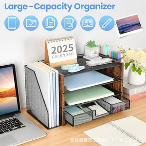 Iron And Wood <b>Storage</b> Rack 4 Tier <b>File</b> Organizer With Pen Holder Desktop Multi Layer Shelf Office Organizer - Product Image 2