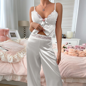 Conjunto de pijama de satén elástico sexy transfronterizo para mujer, camisola y pantalón, estilo europeo y americano, ligero e informal, para chicas atractivas. - Product Image 3