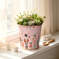 Pot Kaleng Logam Cetak Motif Nutcracker Pink, Pot Tanaman Dekoratif Natal, Pot Penyimpanan untuk Bunga & Hadiah
