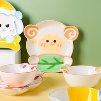 Ensemble de vaisselle quotidienne pour enfants, motif d'animaux de dessin animé mignon, lapin, chat, chien, mouton, bol en céramique, assiette, cuillère, maison
