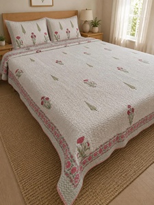 Beautiful Floral Block Printed Cotton Bedcover <b>Set</b> Lightweight Quilted <b>Comforter</b> & Pillow Covers Handmade Jaipur King Bedding - Product Image 5