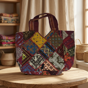 Women's Vintage Boho Style Lightweight Cotton Handbag High Capacity Multi-Color Tote Zipper Closure Traditional Indian Bow - Product Image 3