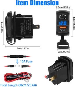 12V/24V <span class=keywords><strong>USB</strong></span> C xe sạc ổ cắm Rocker phong cách kép PD và QC3.0 - Product Image 3