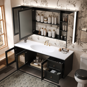 Mueble de Baño Estilo Rattan Retro Francés, Gabinete de Madera Sólida, Espejo Inteligente, Montado en la Pared, Resistente al Agua, para Baños de Hotel y Villas - Product Image 3