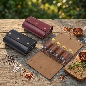 Sac à condiments en cuir PU pour barbecue en plein air, kit de 4 pots à épices, organiseur de rangement, pochette pour le camping, cadeaux de bienvenue - Product Image 1