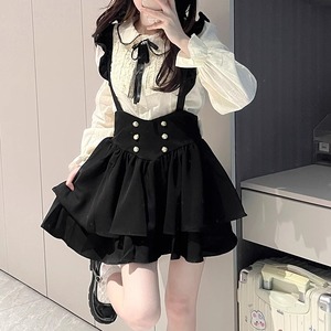 Chimelong WP-8050 Apricot Shirt Black Suspender Skirt Set Princess Sleeves Solid Color Casual Dress Two Piece Set - Product Image 3