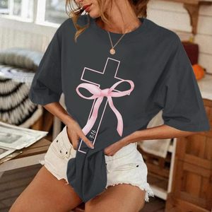 FOXA Christian Cross T-Shirt Women Oversized Pink Bow Graphic <b>Tees</b> John 316 Faith Top Long Length Jersey Cotton - Product Image 3