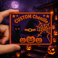 Patch brodé en chenille 3D à thermocoller, motifs Chapeau de sorcière d'Halloween effrayant, Fleur, Chat noir, Toile d'araignée pour chapeaux, vestes, sacs