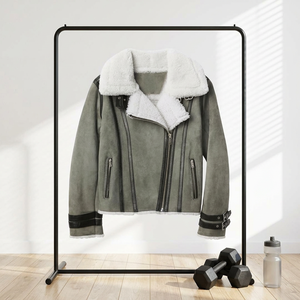 Women's Shearling Lined <b>Suede</b> Moto <b>Jacket</b> With Zipper Closure And Stand Collar Winter Warm Biker Style Coat - Product Image 5